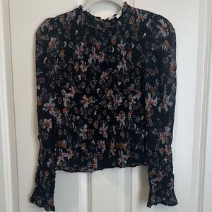 Veronica Beard Black Floral Smocked Blouse with Pink & Brown Accents